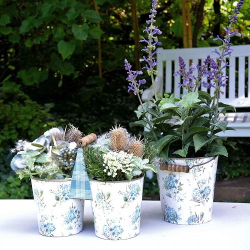 Floristik24 Forårsdekoration, metalspand, plantespand blomstermønster, metaldekoration H15/11/9,5 cm sæt med 3 stk.
