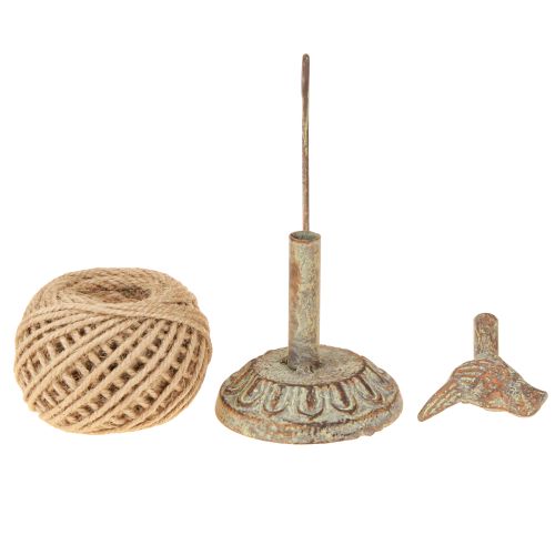Artikel Vintage metal spoleholder med fugle- og jutegarn H17cm