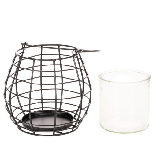 Havelanterne med hank, sort, glaslysestage, Ø17 cm, H15 cm | Floristik24.dk