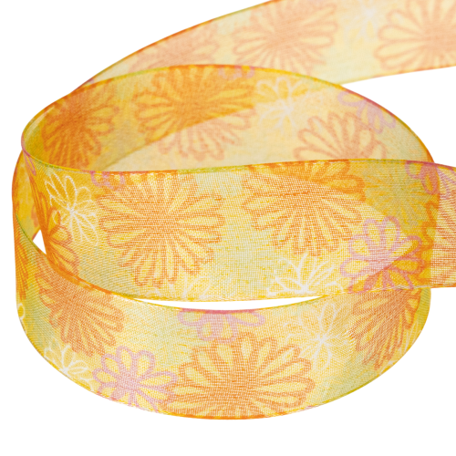 Artikel Gavebånd, blomsterorganzabånd, gul/orange, 25 mm x 18 m