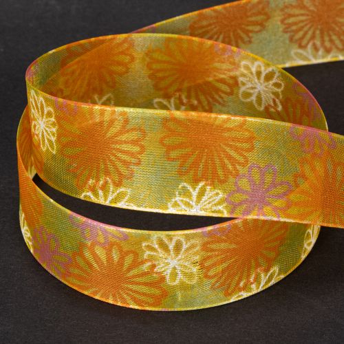 Artikel Gavebånd, blomsterorganzabånd, gul/orange, 25 mm x 18 m