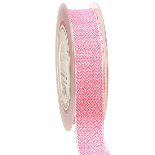 Artikel Gavebånd sildebensmønster bånd hvid pink 25mm 15m