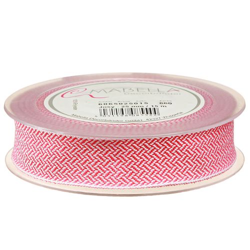 Artikel Gavebånd sildebensmønster bånd hvid pink 25mm 15m