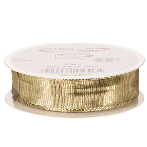 Guld gavebånd med trådkant, 25 mm bredt, 25 m langt | Floristik24.dk