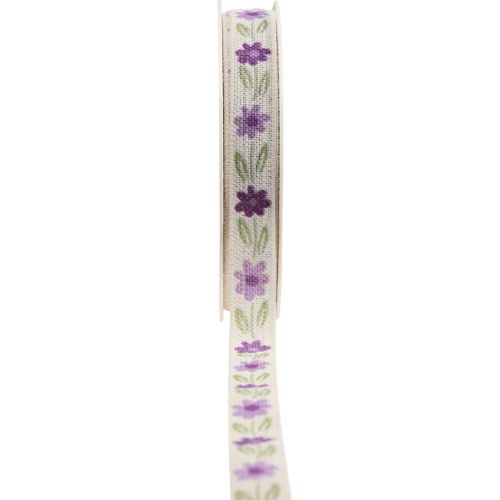 Gavebånd blomster bomuldsbånd lilla hvid 15mm 20m