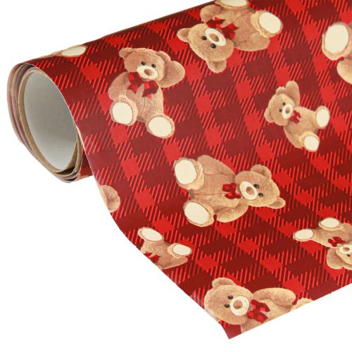 Indpakningspapir fødselsdags bamse rød ternet 70x200cm