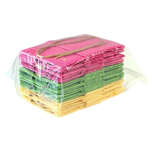 Artikel Gaveposer med hanke papir pink gul grøn tekstil look 10,5cm 12stk