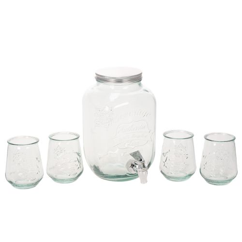 Drikkedispenser i glas med tappehane og 4 drikkeglas, H25,5 cm