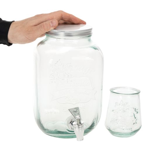 Drikkedispenser i glas med tappehane og 4 drikkeglas, H25,5 cm | Floristik24.dk