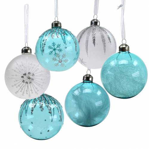 Julekugle glas blå, hvid Ø8cm assorteret 12stk