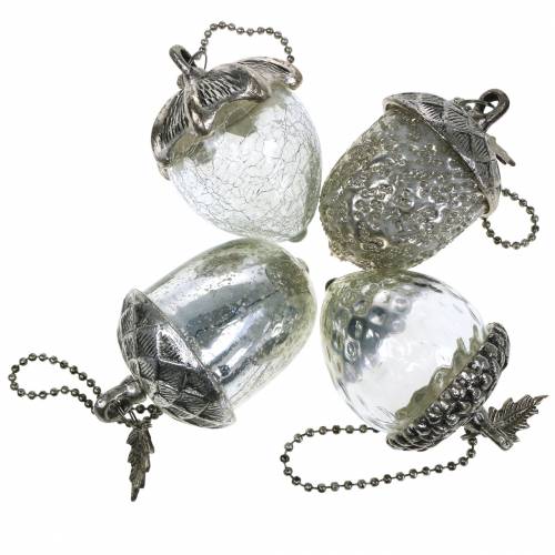Floristik24 Juletræspynt acorn til at hænge metalglas sølv 7cm 4stk