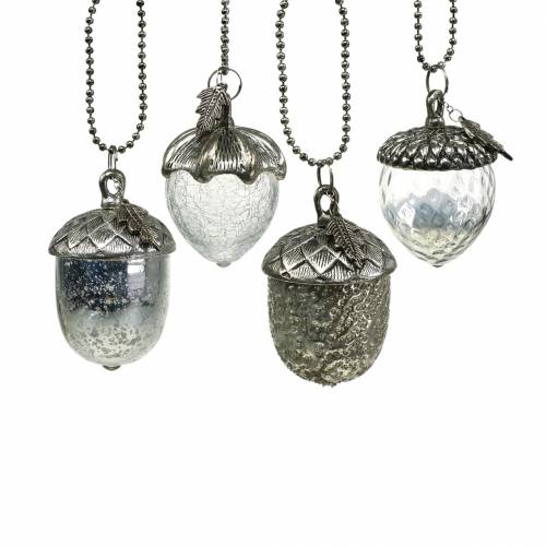 Floristik24 Juletræspynt acorn til at hænge metalglas sølv 7cm 4stk