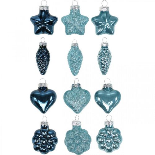 Floristik24 Mini juletræspynt blanding glasblåt, glitter assorteret 4cm 12stk