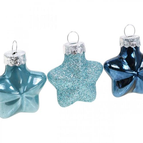 Artikel Mini juletræspynt blanding glasblåt, glitter assorteret 4cm 12stk