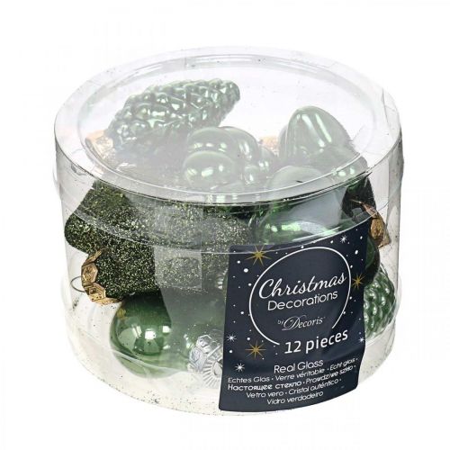 Floristik24 Mini juletræspynt blanding grønt glas Julepynt diverse 4cm 12stk