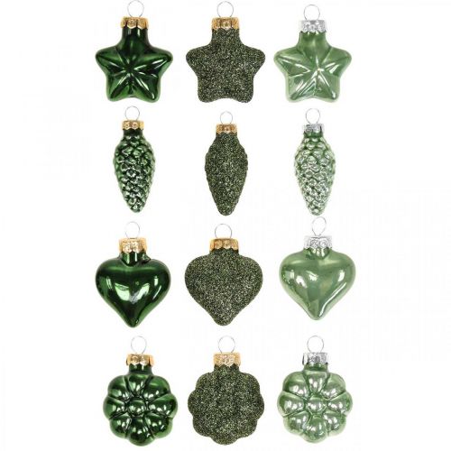 Floristik24 Mini juletræspynt blanding grønt glas Julepynt diverse 4cm 12stk