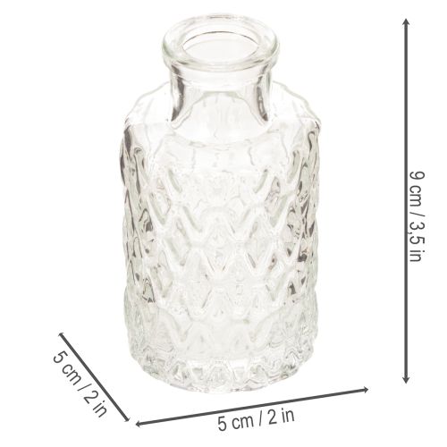 Mini glasvase med diamantmønster, lille bordvase, flaske, transparent, 9 cm, 6 stk. | Floristik24.dk