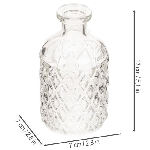 Glasflaske med diamantmønster, dekorativ flaske, vase, lille, 13 cm, 6 stk. | Floristik24.dk