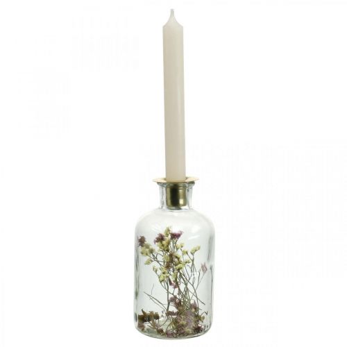 Floristik24 Glas med lysestage, glasdekoration med tørrede blomster H16cm Ø8,5cm