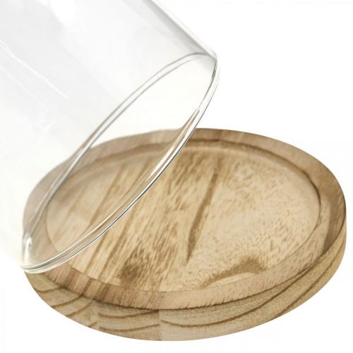 Artikel Dekorationsklokke, glaskuppel med træplade, borddekoration H16cm Ø12,5cm