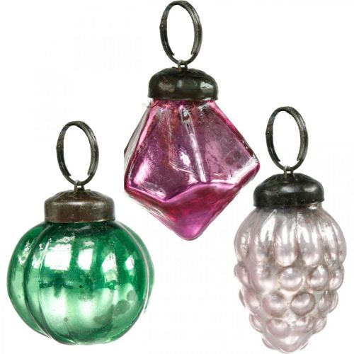 Floristik24 Glaskuglemix, diamant/kugle/kegle af ægte glas, antikt look Ø3–3,5 cm H4,5–5,5 cm 9 stk.