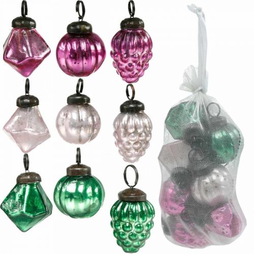 Floristik24 Glaskuglemix, diamant/kugle/kegle af ægte glas, antikt look Ø3–3,5 cm H4,5–5,5 cm 9 stk.