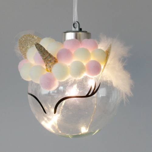 Artikel Julekugle enhjørning med LED lysekæde slikfarver, gennemsigtigt glas, pompon Ø8cm Til batterier