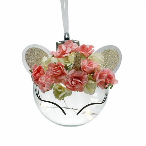 Julekugle enhjørning med LED lyskæde og blomster gult, rødt, gennemsigtigt glas, papirroser Ø8cm Til batterier