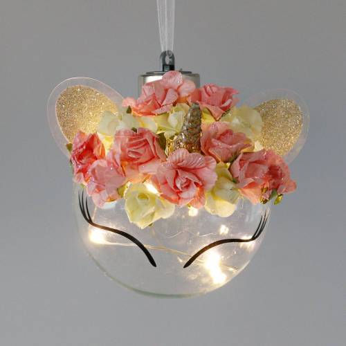 Floristik24 Julekugle enhjørning med LED lyskæde og blomster gult, rødt, gennemsigtigt glas, papirroser Ø8cm Til batterier