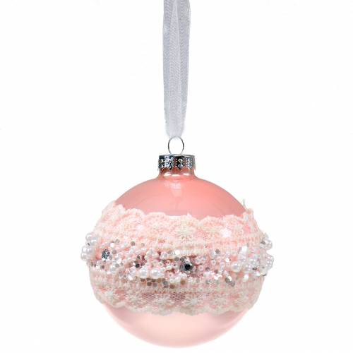 Floristik24 Glaskugle pink med blonder og perler 3 stk
