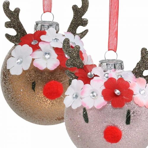 Artikel Juletræskugle, rensdyr med blomsterkrans, adventsdekoration, trædekoration brun, pink ægte glas Ø8cm 2 stk.