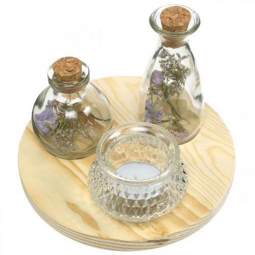 Floristik24 Vase sat på træbakke, borddekoration med tørrede blomster, lanterne natur, transparent Ø18cm