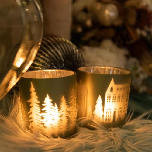 Floristik24 Lanterne, fyrfadsstage glas julegrøn Ø7cm 2stk