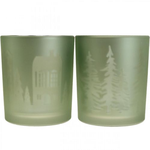 Floristik24 Lanterne, fyrfadsstage glas julegrøn Ø7cm 2stk