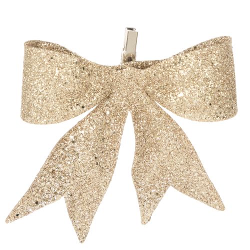 Glittersløjfe, dekorativ sløjfe, guld med klips, 11 cm, 4 stk.
