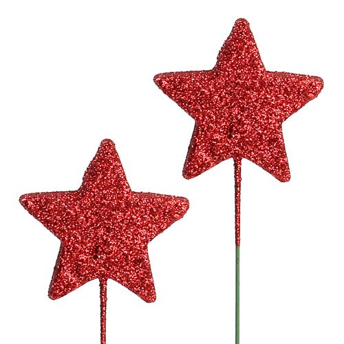 Floristik24 Glitter stjerne på wiren 5cm rød L23cm 48stk