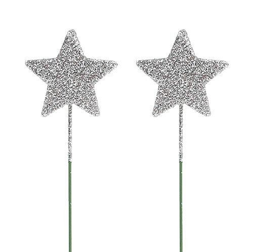 Glitter stjerne sølv 4cm på wire 60stk