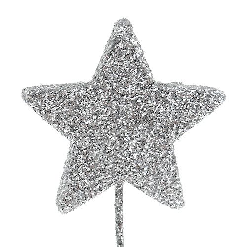 Artikel Glitter stjerne sølv 4cm på wire 60stk