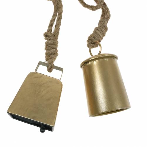 Floristik24 Cowbell sæt til hængende messing metal 8,2 / 9,5 cm reb 240cm