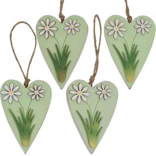 Artikel Dekorative hjerter til at hænge med blomster trægrøn, hvid 8,5×12cm 4stk