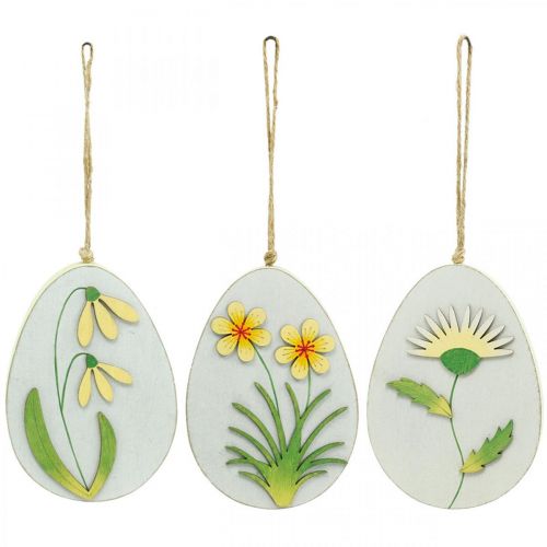 Artikel Æg til at hænge, påskeæg af træ, blomstermotiv, mælkebøtte vintergæk Winterling H14cm 3 stk.