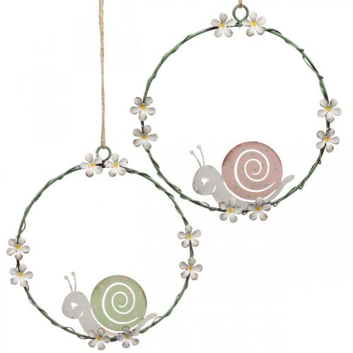Dekorativ ring med snegl, forårsdekoration, metaldekoration grøn/pink Ø14,5cm sæt af 2 stk.