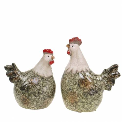 Floristik24 Deco figurer høne og hane grå, hvid, rød 10,2cm x 7cm H12,7cm 2stk