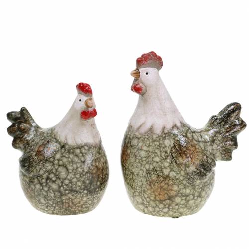 Floristik24 Deco figurer høne og hane grå, hvid, rød 10,2cm x 7cm H12,7cm 2stk