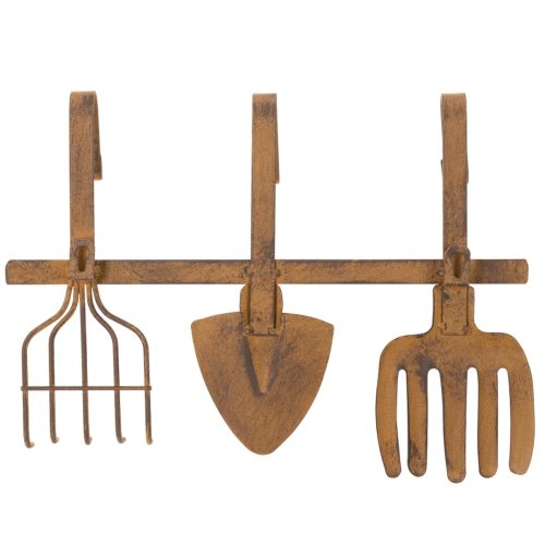 Knage til haveredskaber, havedekorationer, rive, spade og hakke; metalknagerække af rustent metal, L33,5 cm | Floristik24.dk
