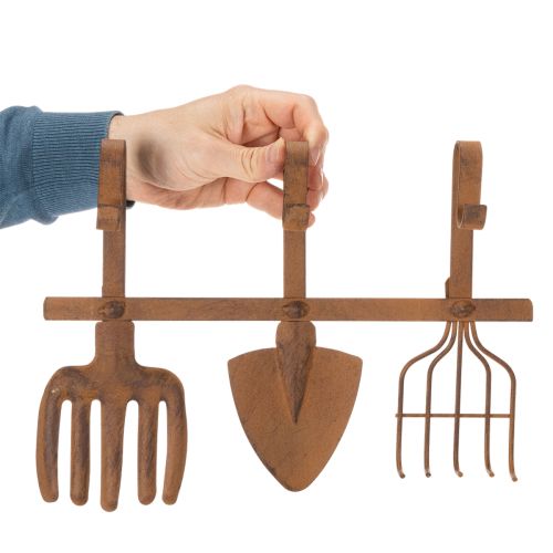 Knage til haveredskaber, havedekorationer, rive, spade og hakke; metalknagerække af rustent metal, L33,5 cm | Floristik24.dk