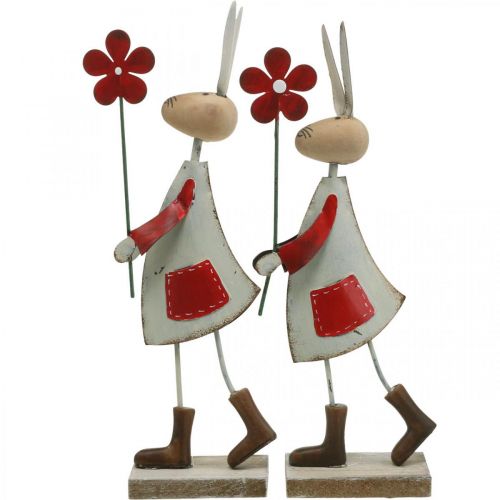 Artikel Påskedekoration, kanin af metal, forårsdekoration, påskehare med blomsterrød, beige H21cm 2 stk.