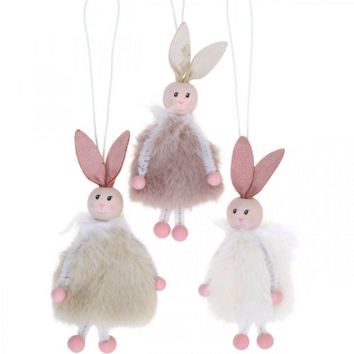 Floristik24 Kaniner, påskepynt, forårsvedhæng, påskeharer til at hænge beige, pink, hvid H12,5 cm 3 stk.