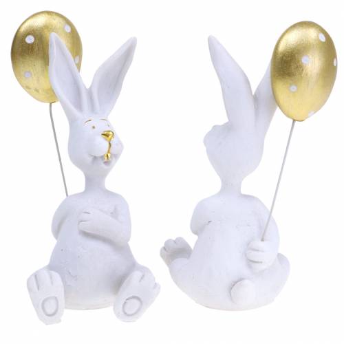 Floristik24 Kanin med ballon siddende hvid, guld H13,5cm 2stk