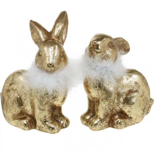 Floristik24 Guld kanin siddende guldfarvet terracotta med fjer H20cm 2 stk